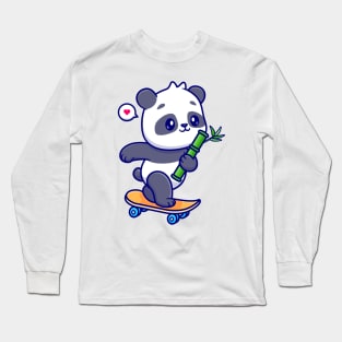 Cute Panda Holding Bamboo On Skateboard Cartoon Long Sleeve T-Shirt